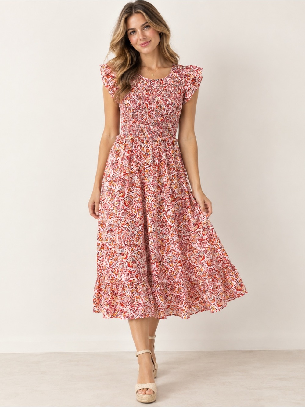 NWOT - Vineyard Vines Red and Pink Floral Smocked Midi Dress
